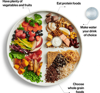 The food guide snapshot has two main images. The first image shows a glass of water and a plate with food. This statement appears at the top: Eat a variety of healthy foods each day.